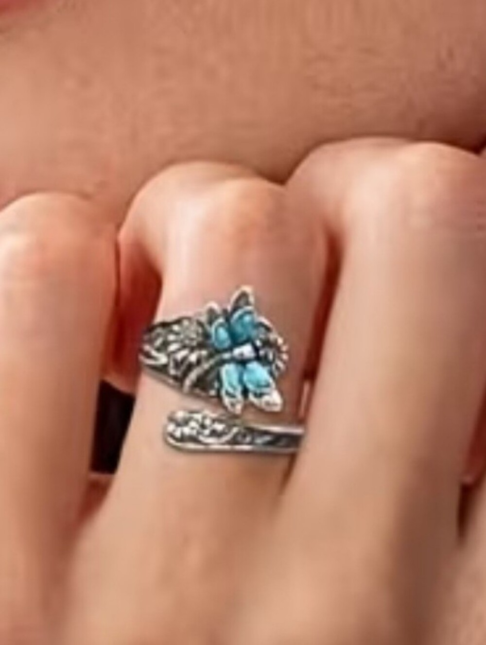Silver Floral Ring with Teal Flower Accent - Women’s Fashion Ring